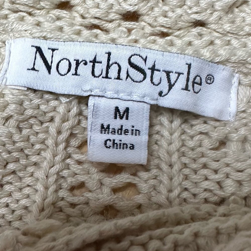 North Style Cream Textured Boho Knit Sweater Medium Long Sleeve Crochet Pullover - Picture 4 of 8
